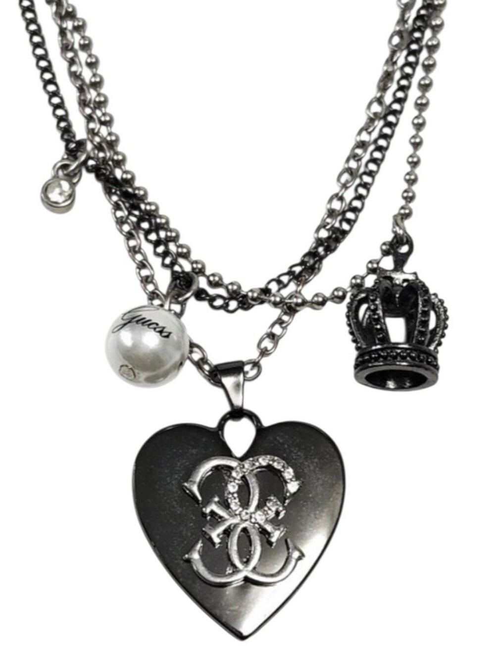 Guess Black Heart Pendant Layered Necklace Triple Chain 17"